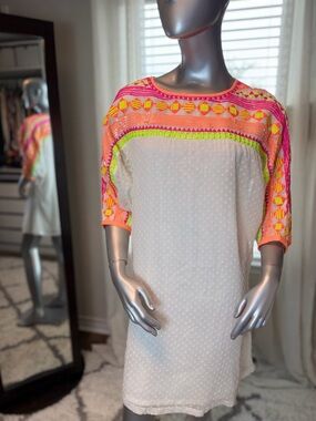 Anthropologie Ranna Gill Embroidered Tunic Dress XS Neon Sequin Sheer Sleeve